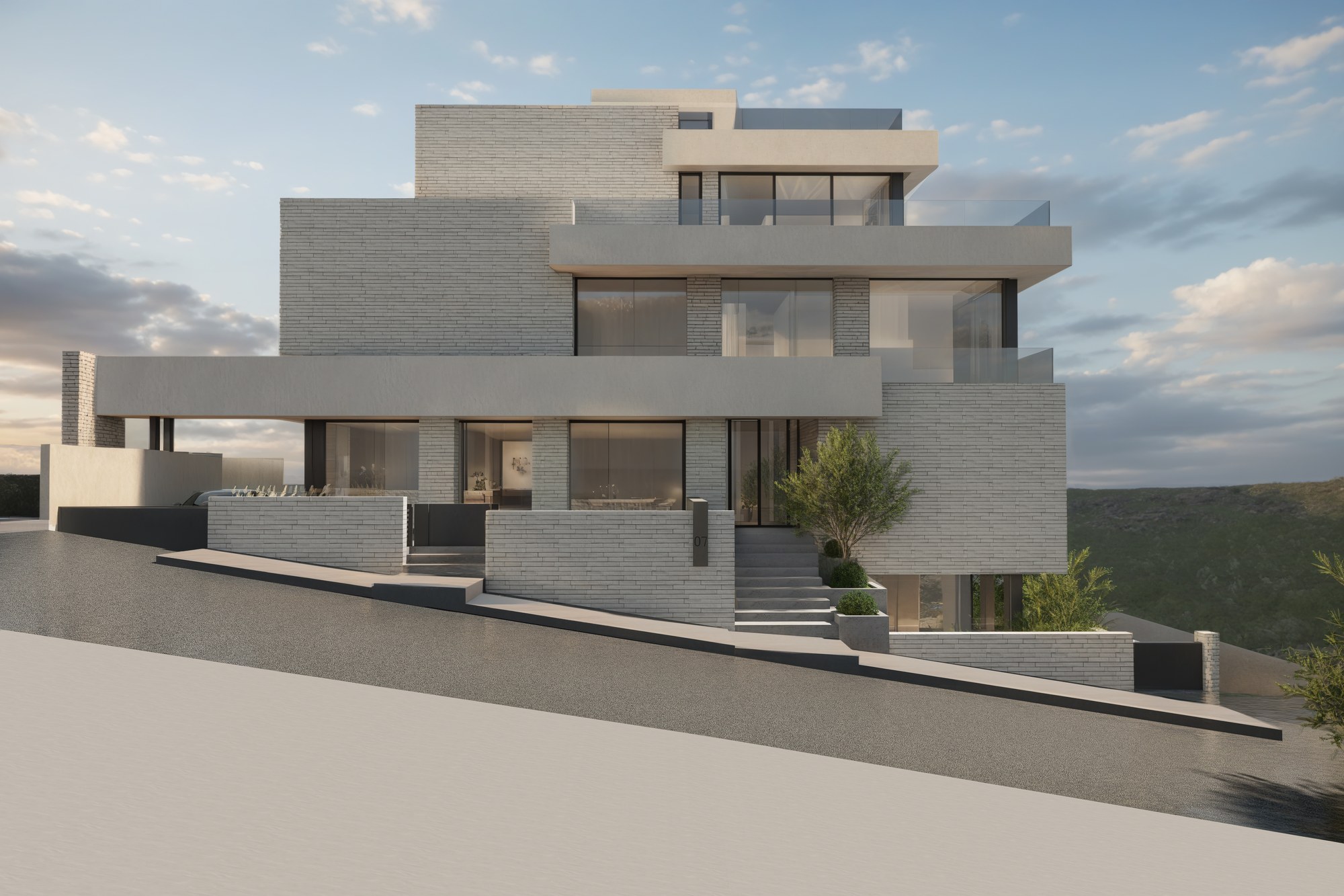 Olea Residence — corner view showing slope and stacked levels